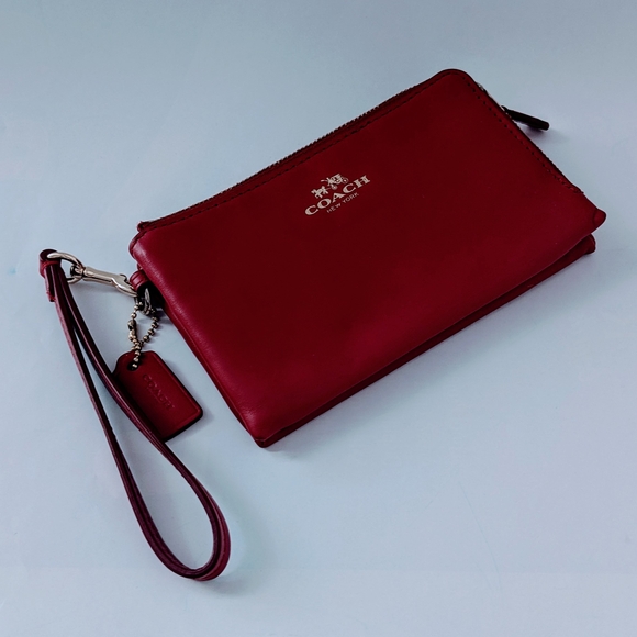 Compact Size Coach Dark Red Wristlet With Double Corner Zip Closures for Women - Picture 3 of 10